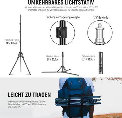 NEEWER E26 E27 AC Keramikfassung Lampenfassung mit Lichtstativhalterung, Schirmhalter, 320cm verläng