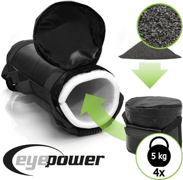 eyepower 20kg Profi Power Bag + 4 Wasserdichte Kettlebell Gewichte mit Eisensand - Besser als Geräte
