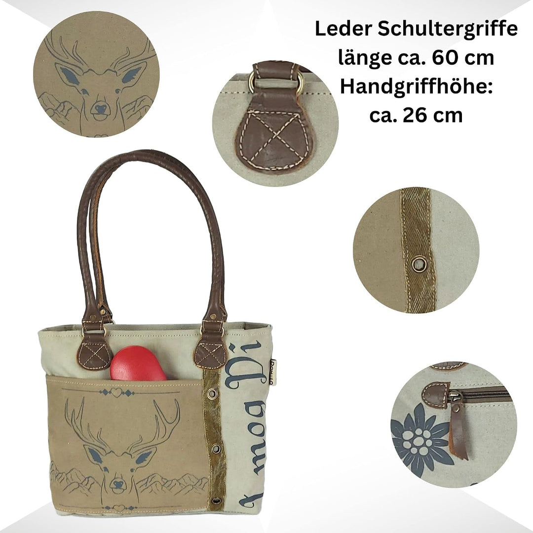 Domelo Damen Handtasche. Trachtentasche aus Canvas &amp; Leder. Schultertasche in Vintage Trachten Stil.