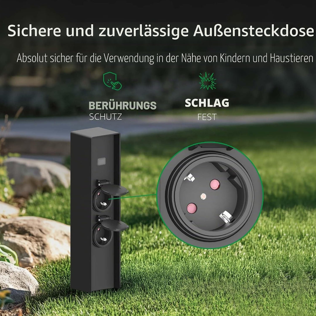 Ledvion - Aussensteckdose mit Pfahl, Inkl. Sensor, 2 Steckdosen, Wasserdicht IP44, 3 Jahre Garantie