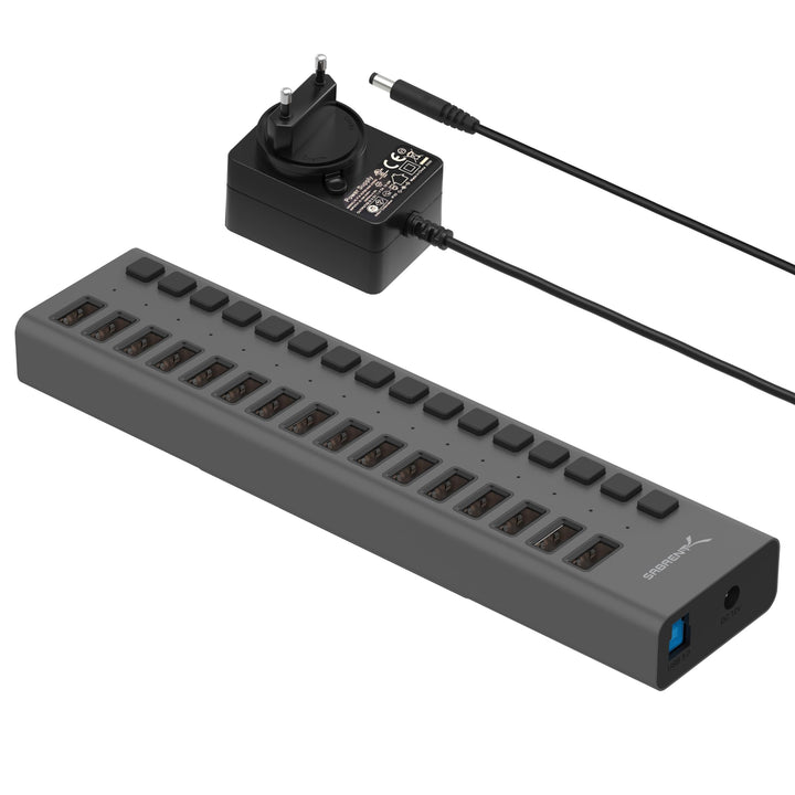 Sabrent USB 3.2 Gen 1 16 Port Aluminium HUB mit Netzschaltern und LEDs, inklusive Netzteil (HB-PU16)