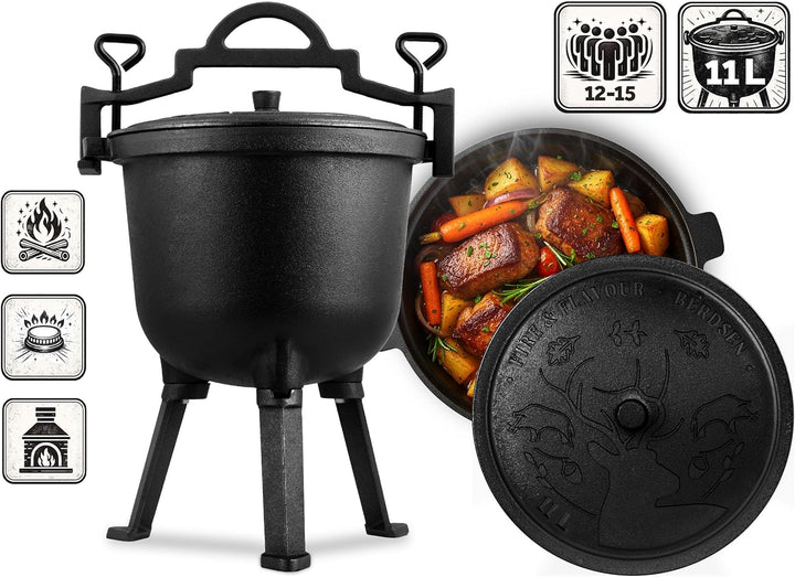 Berdsen Gusseisen Topf 11 L Dutch Oven - Feuertopf für Lagerfeuer und Grill - Gleichmässiges Garen -