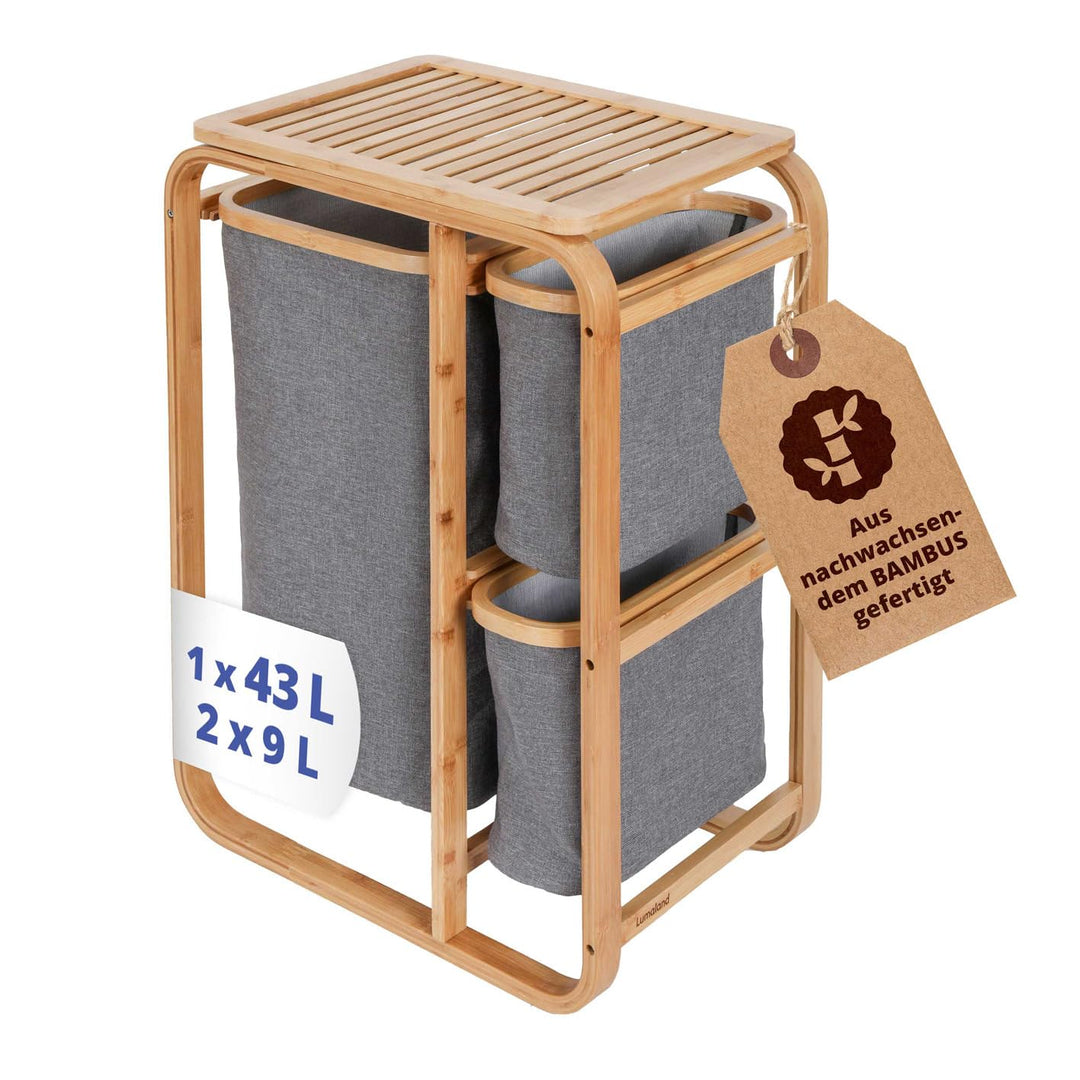 Lumaland Wäschekorb aus Bambus mit 3 ausziehbaren Wäschesäcken | Grösse ca. 71 cm Höhe x 50 cm Breit