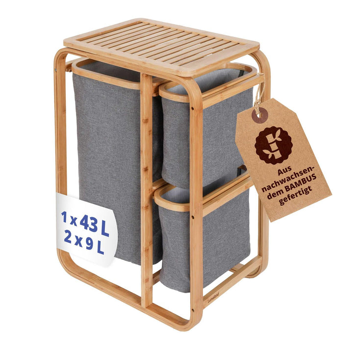 Lumaland Wäschekorb aus Bambus mit 3 ausziehbaren Wäschesäcken | Grösse ca. 71 cm Höhe x 50 cm Breit