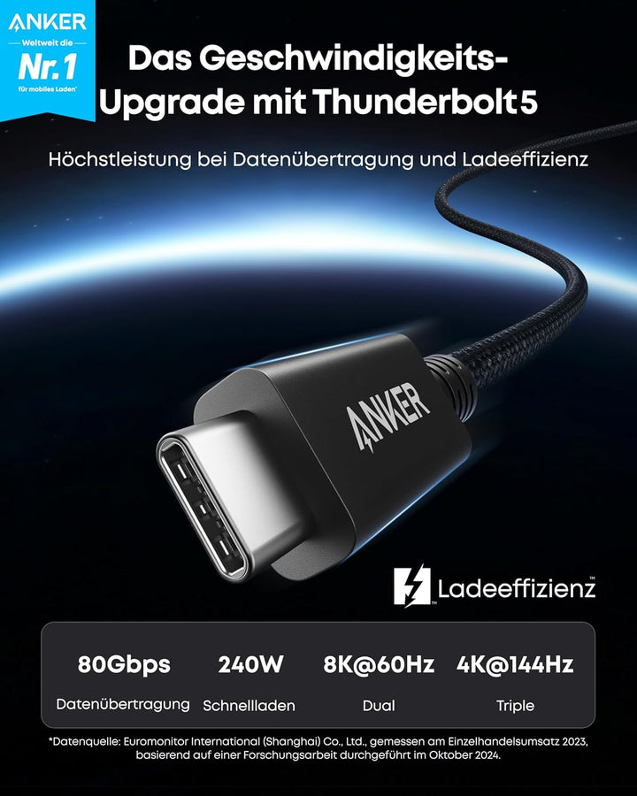 Anker Prime Thunderbolt 5 Kabel, 100cm USB-C auf USB-C Kabel, 240W Leistung, 80Gbps Datentransfer, B