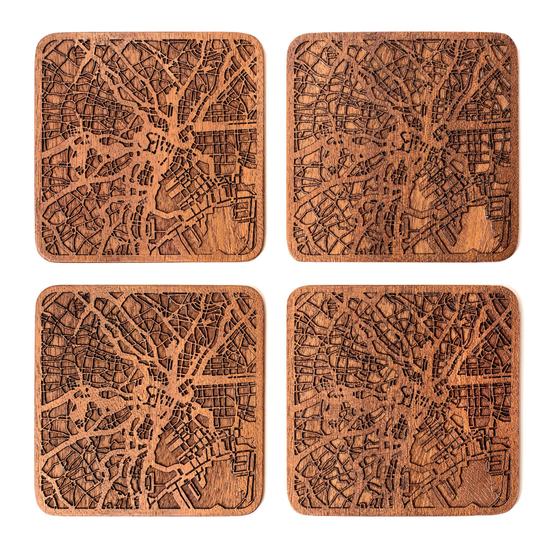 Tokyo Untersetzer mit Landkarte aus Sapeli-Holz, 4 Stück, mit Stadtkarte, mehrere Stadt optional, ha