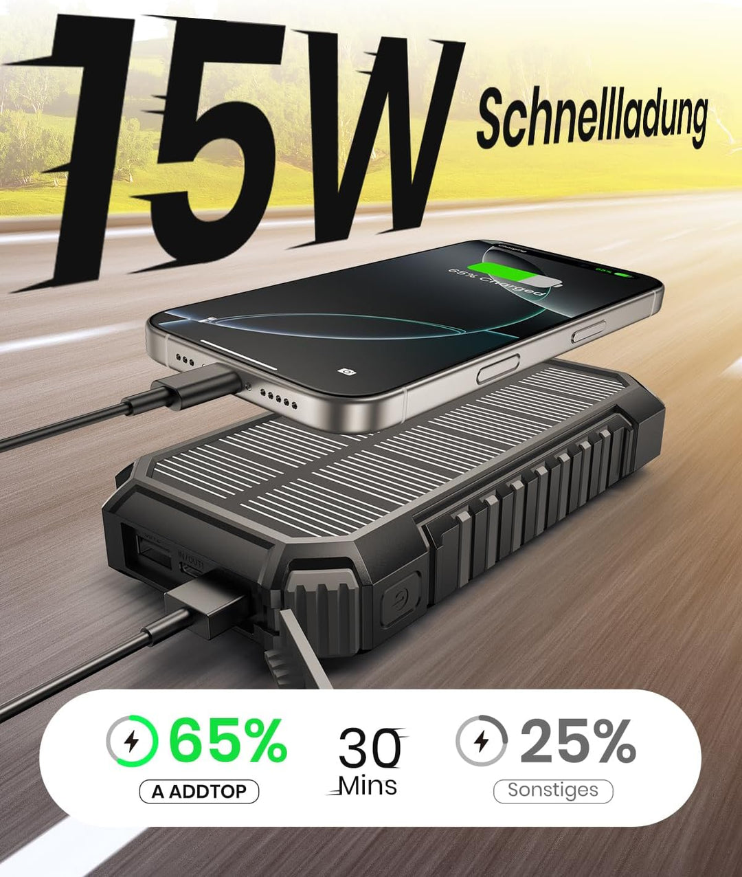 A ADDTOP Solar Power Bank – 20000mAh kabelloses PowerBank mit USB C – 3,0A Schnellladefunktion Tragb