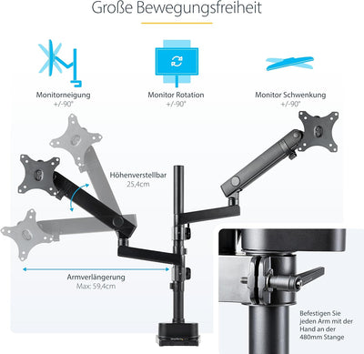 StarTech.com Desk Mount Dual Monitor Arm - Full Motion Monitor Mount for 2X VESA Displays up to 32"
