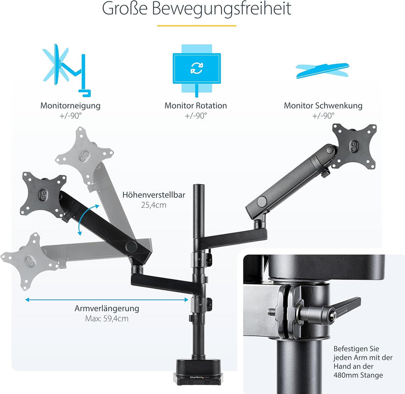 StarTech.com Desk Mount Dual Monitor Arm - Full Motion Monitor Mount for 2X VESA Displays up to 32"