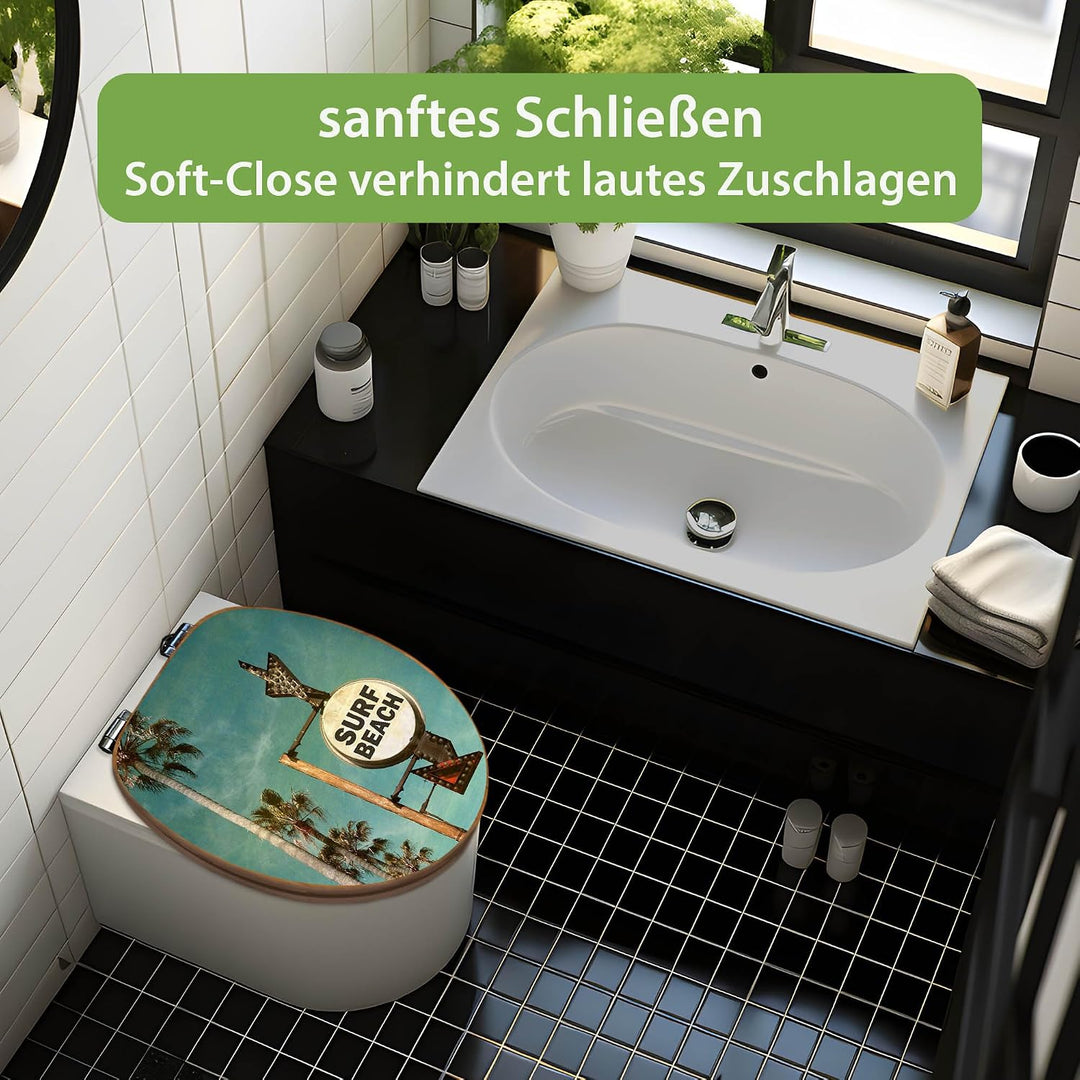 banjado® Design WC Sitz Bambus Absenkautomatik mit Motiv Surf Beach/Toilettendeckel mit Absenkautoma