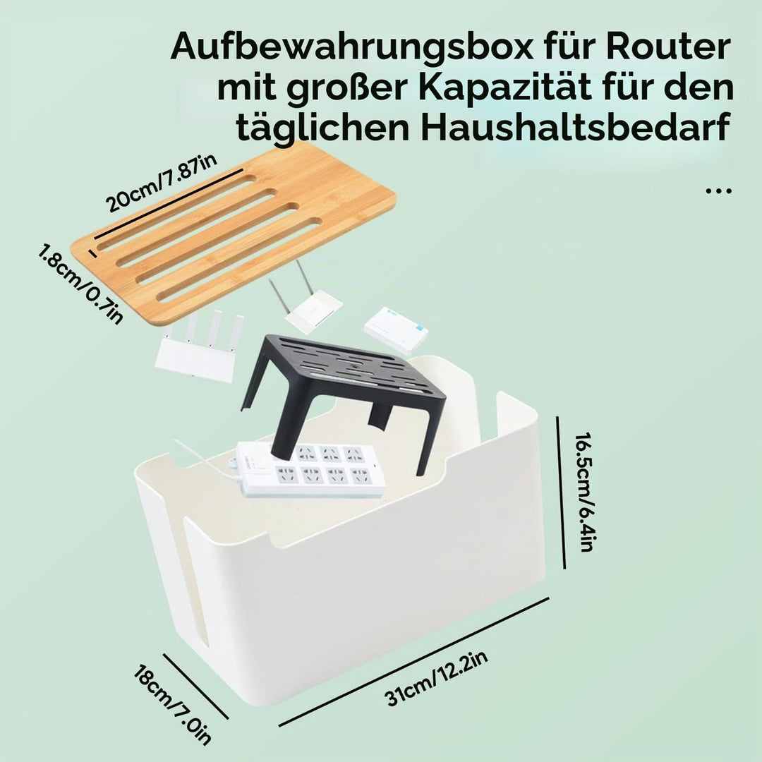 Buachois Kabelmanagement Box mit Holz Deckel und Regal, 31 x 18 x 16,5cm Weiss Kunststoff Kabelbox G