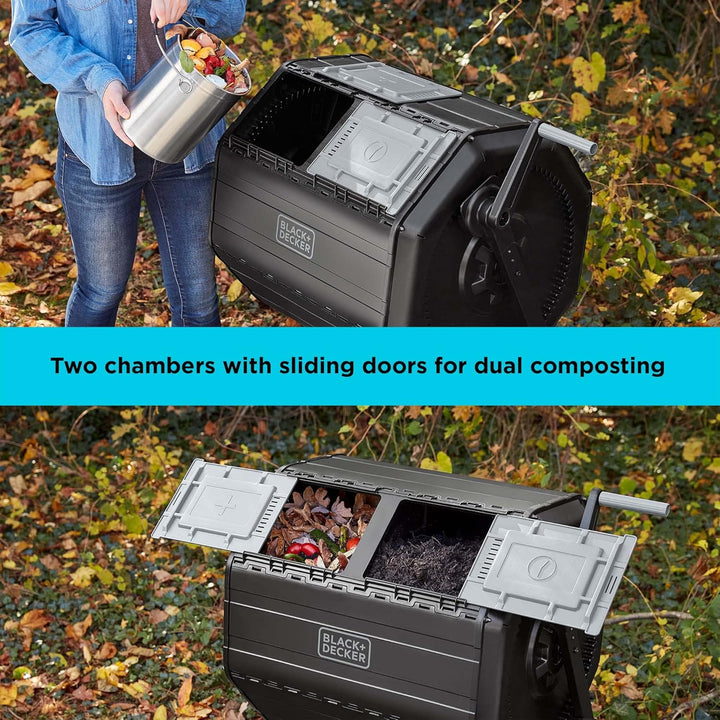 BLACK+DECKER Kompostbecher, Doppelkammer-Komposter, 40 Gallonen, einfaches Griffsystem für Kompostie