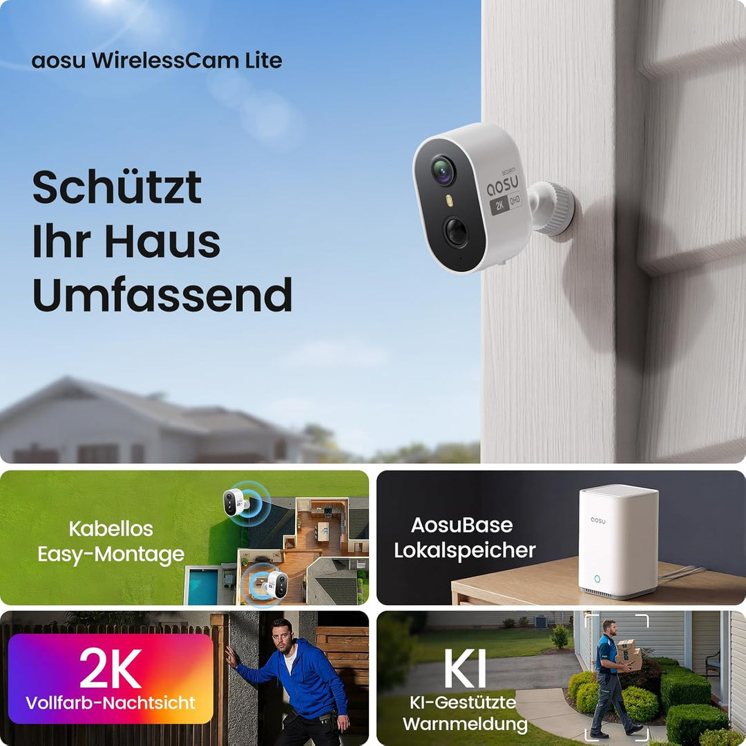 aosu 2K Überwachungskamera Aussen Akku 4er-Kit mit Aosubase 2.0 ohne ABO 32GB Lokal Speicher Kabello