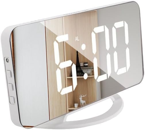 INF Digitalwecker mit Spiegelglas / weiss, Tischuhr in modernem Design mit LED-Ziffern