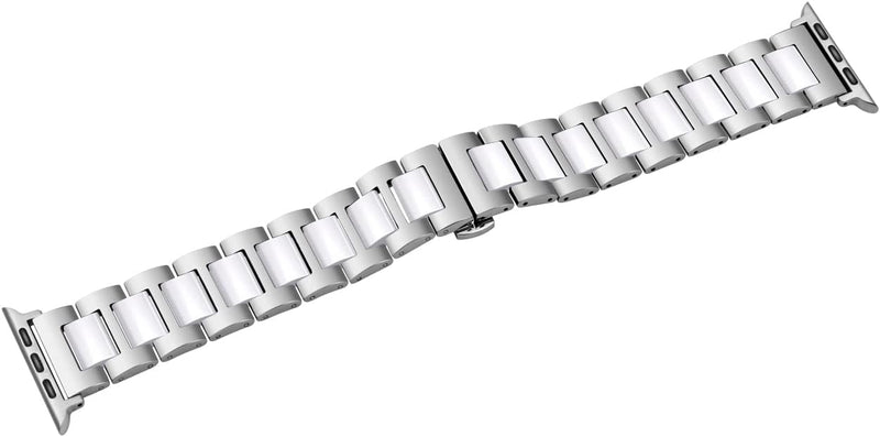 YISIWERA 49mm 45mm 44mm 42mm Armband Kompatibel für Apple Watch Weiss Keramik Silber Metall Armband