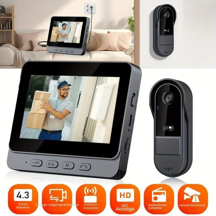 Video Türklingel mit Kamera, IP65 Wasserdicht Drahtlose Funk-Türklingel mit 4,3” Display Gegensprech