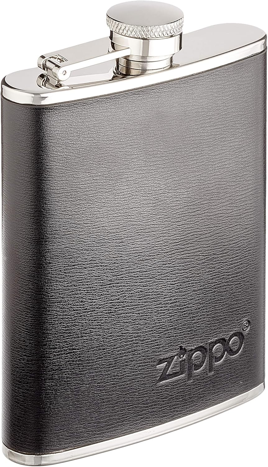 Zippo Flachmann Edelstahl - Leder umhüllt - Silber - 177 ml - Mokka - Ideal für Wandern und Outdoor