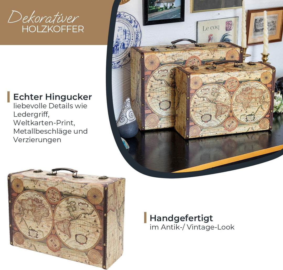 HMF VKO104 Vintage Koffer aus Holz | 44 x 32 x 16 cm | Gross | Deko Weltkarte Farbe 44 cm Weltkarte