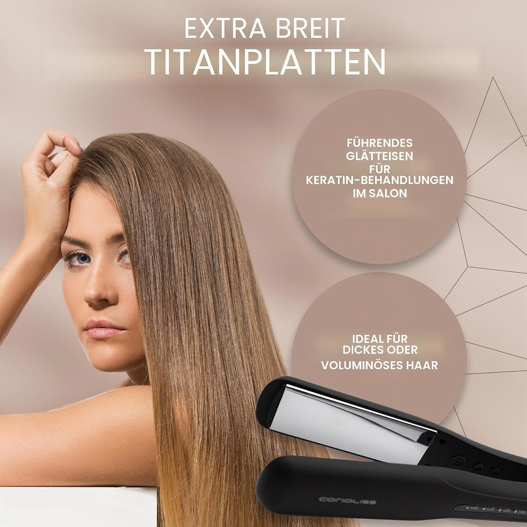 Corioliss WIDE | Glätteisen | Extra Breite Titanplatten Anti Frizz | Haarglätter Locken und Glätten