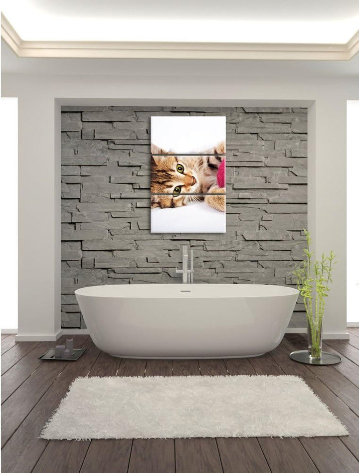 Pixxprint Kätzchen mit Wollknäuel als Leinwandbild/Grösse: 3 Teilig (120x80) cm/Wandbild/Kunstdruck/