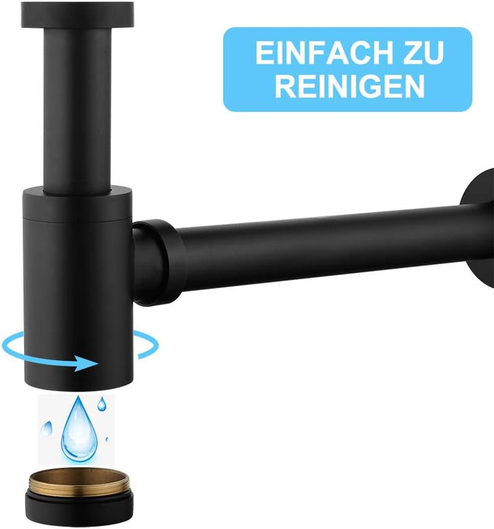 Keymark Design Siphon Schwarz Matt, Messing Syphon Sifon für Waschbecken & Waschtisch, Universal Des