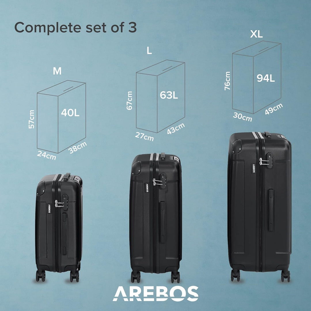 Arebos Reisekoffer 3er Set I ABS-Hartschale I Trolley Kofferset I Teleskopgriff I Inkl. Reissverschl