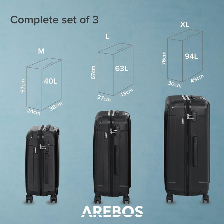 Arebos Reisekoffer 3er Set I ABS-Hartschale I Trolley Kofferset I Teleskopgriff I Inkl. Reissverschl