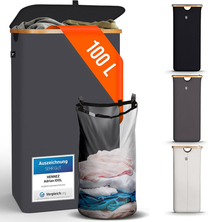 HENNEZ 100L Wäschekorb mit Deckel Grau - herausnehmbaren Wäschesack Wäschesammler schmal mit Deckel