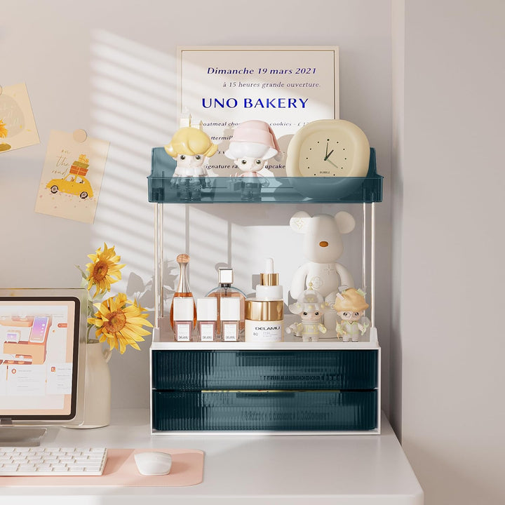 Delamu Make Up Organizer mit 2 Schubladen, 2 Etagen Kosmetik Organizer, Multifunktions Grösser Kosme