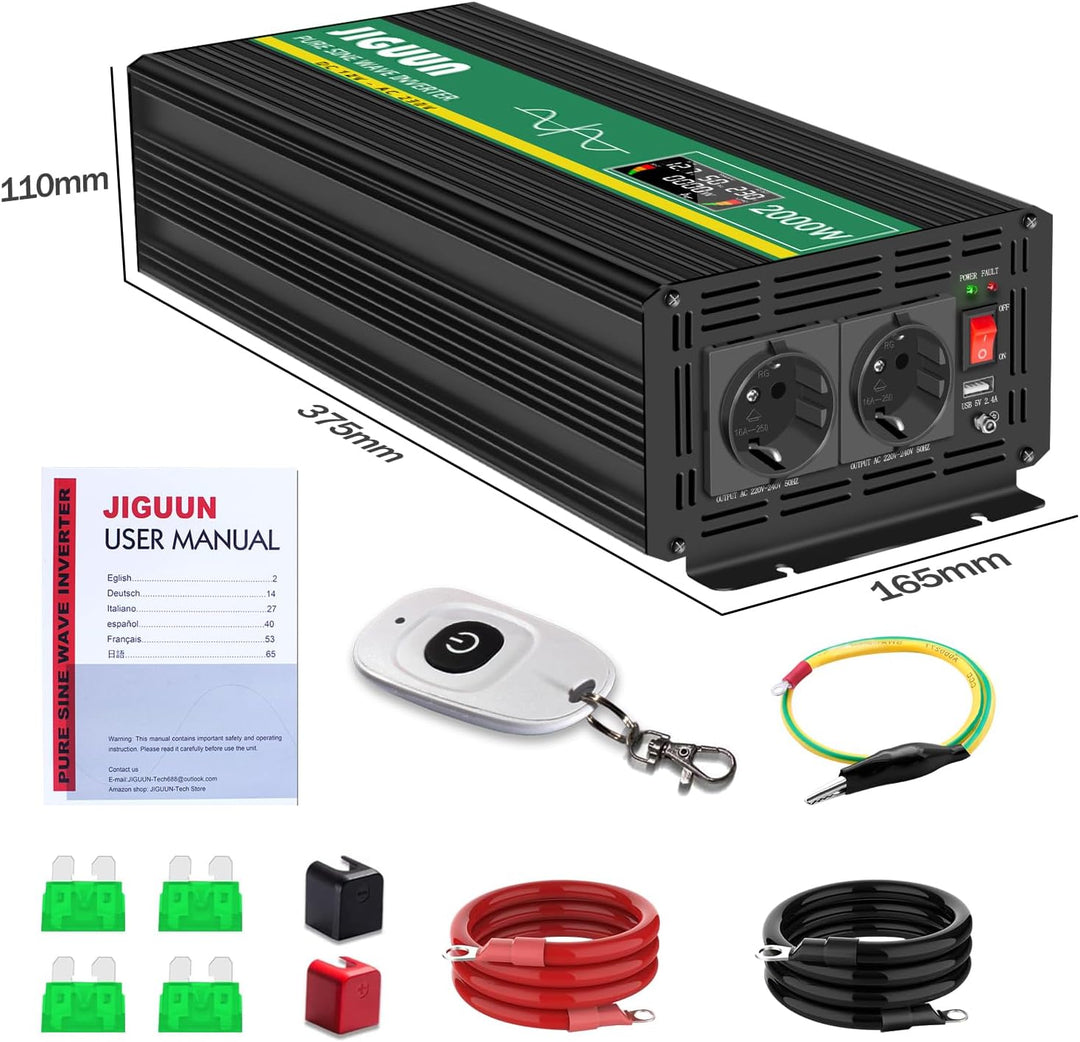 JIGUUN 1000W 2000W Reiner Sinus Spannungswandler 12V auf 230V Wechselrichter-Inverter Konverter mit