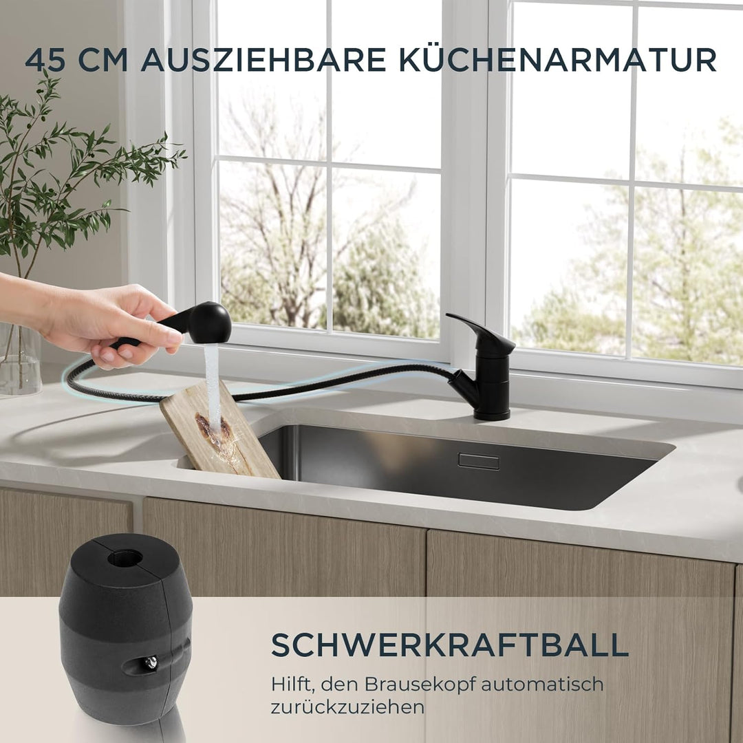 FORIOUS Wasserhahn Küche Schwarz, Edelstahl Spültischarmatur mit Brause, Einhebelmischer Küchenarmat