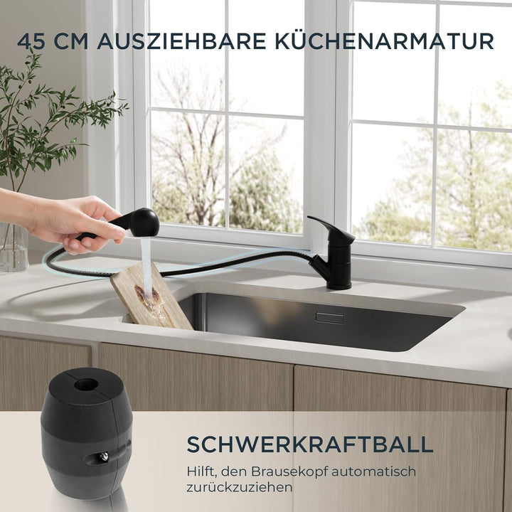 FORIOUS Wasserhahn Küche Schwarz, Edelstahl Spültischarmatur mit Brause, Einhebelmischer Küchenarmat