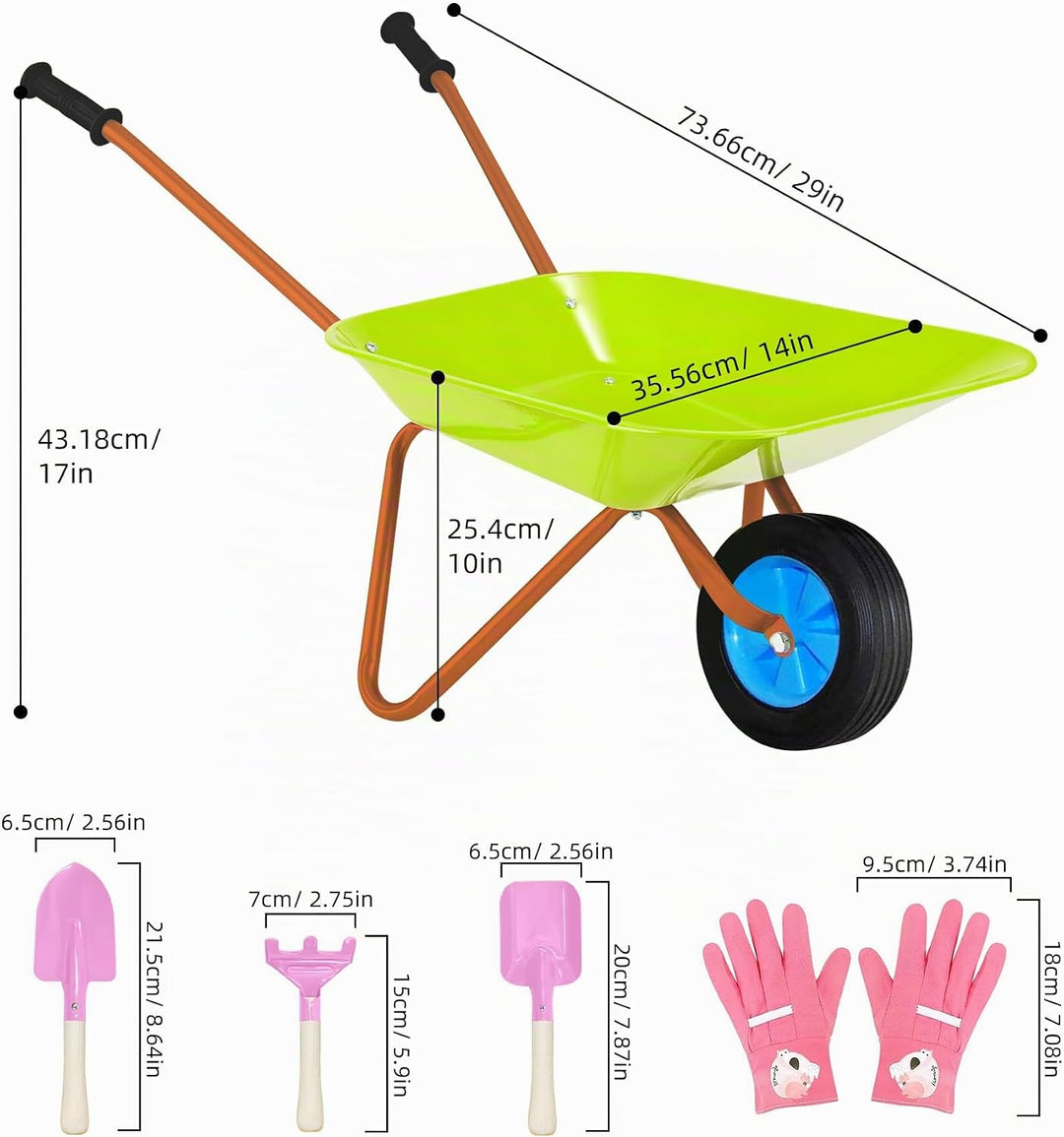 Schubkarrenset für Kinder, Gartenschubkarre en Metal, Kinder Gartengeräte, Gartenwerkzeug Kinder zum