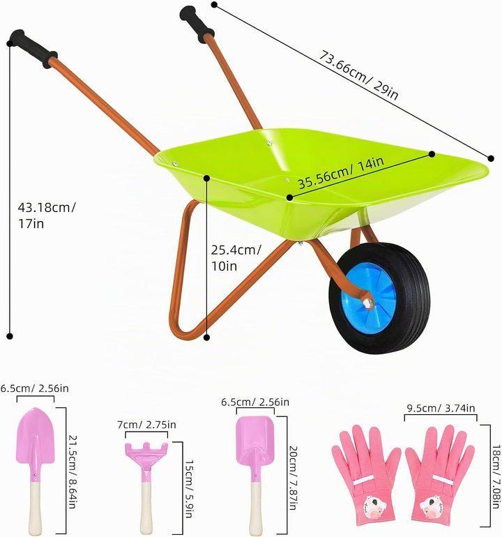 Schubkarrenset für Kinder, Gartenschubkarre en Metal, Kinder Gartengeräte, Gartenwerkzeug Kinder zum