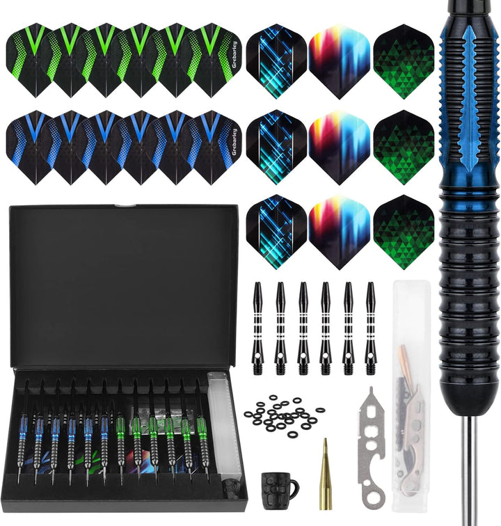 Grebarley Dartpfeile mit Metallspitze,12 Stück Profi Steeldarts 18 Aluminium Schaft mit 9 Flights 20