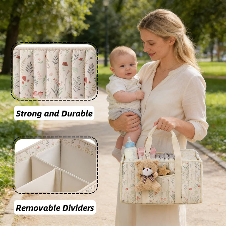 XQLY Windel-Caddy Organizer mit süssem Bären-Anhänger, Wildblumen-Blumenmuster, tragbarer Baby-Kinde