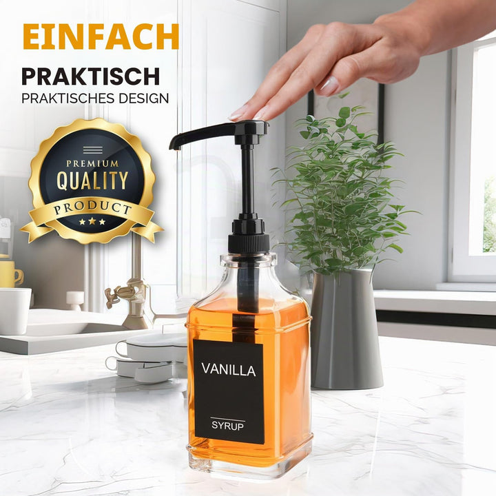 AXIM Kaffeesirupspender, Kaffeeset, 2 Sirupflaschen mit Pumpe und Etiketten, 500 ml Glas-Sirupflasch