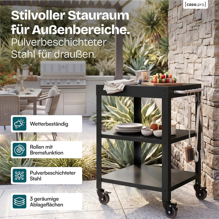 casa.pro Outdoor Servierwagen Bolognano Garten Rollwagen Stahl 81 x 50 x 50 cm Grillwagen mit 4 Hake