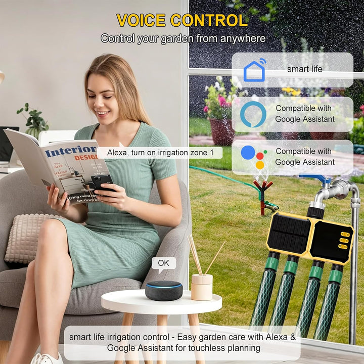 Bewässerungscomputer WLAN 4 Ausgänge,Smart Wasserzeitschaltuhr,App-Steuerung Sprachsteuerung Regenve