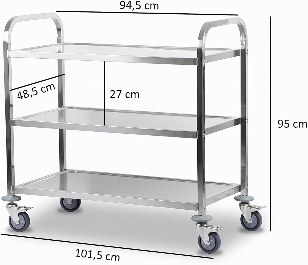 Mahlzeit Edelstahl Servierwagen mit 3 Etagen | 101,5 x 95 x 48,5 cm | Servicewagen mit Rollen und Fe