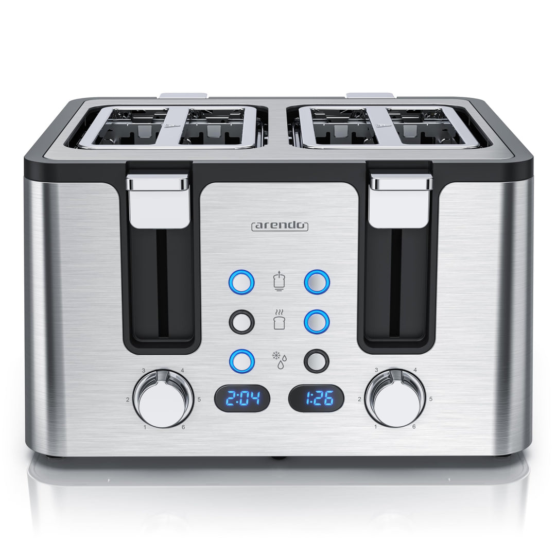 Arendo - Toaster 4 Scheiben Edelstahl - mit Brötchenaufsatz - 4 Schlitze - LED Anzeige Restzeitanzei