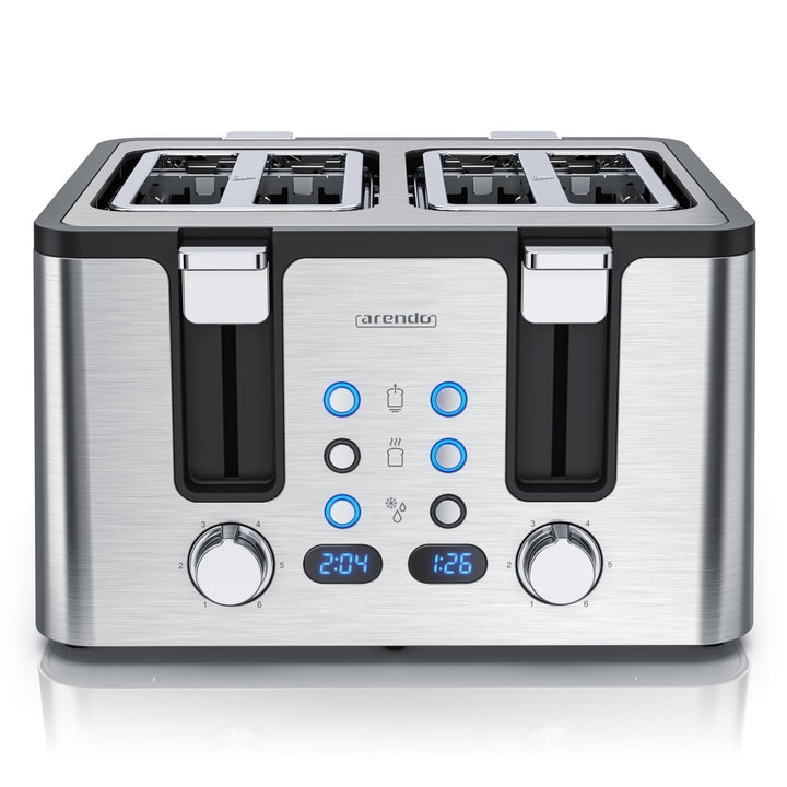 Arendo - Toaster 4 Scheiben Edelstahl - mit Brötchenaufsatz - 4 Schlitze - LED Anzeige Restzeitanzei