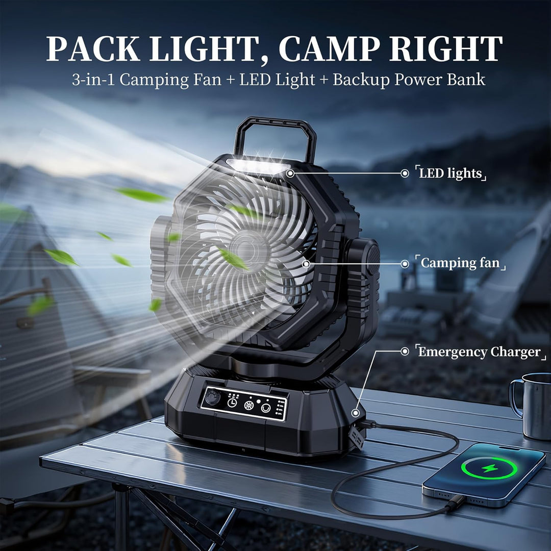 Camping Ventilator, 20000mAh Wiederaufladbarer Ventilator mit LED Licht & Haken, 270° Drehung, Stufe