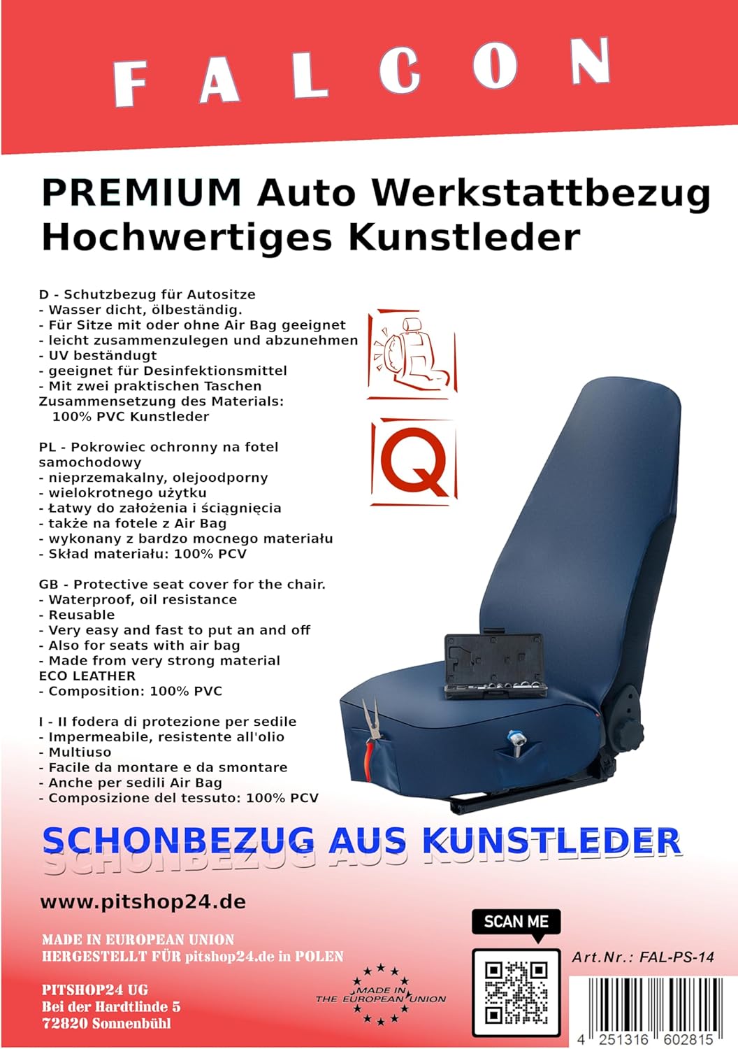 pitshop24de Schonbezug Sitzschoner - Werkstatt Sitzbezug. Langlebige Kunstleder mit Zwei Befestigung