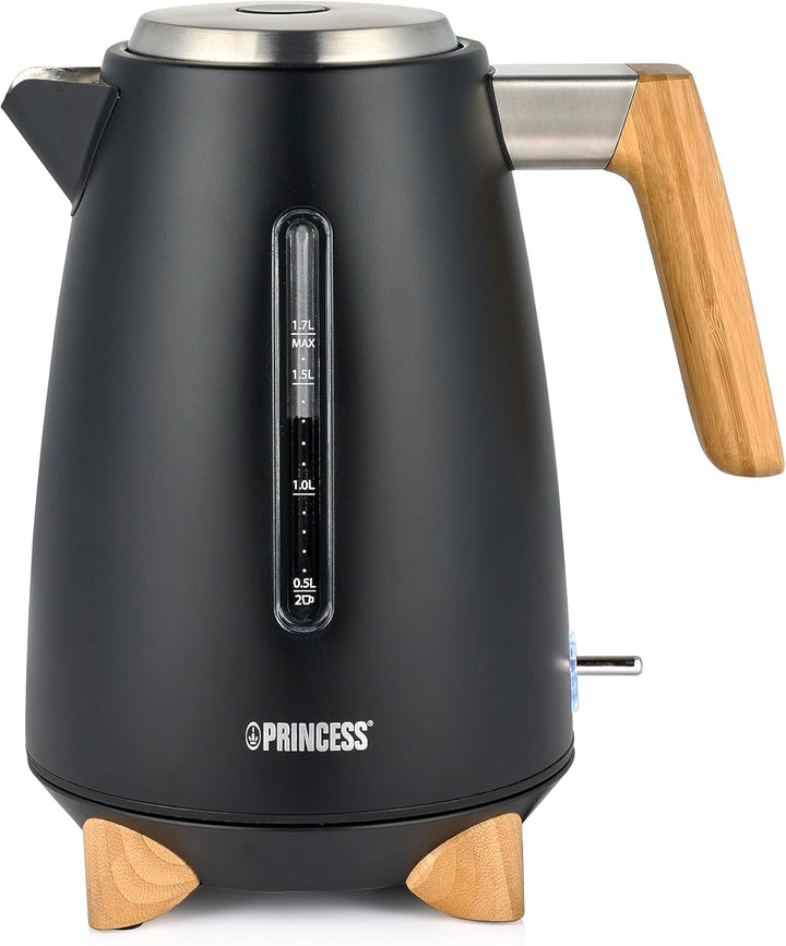 Princess Wasserkocher Pure - 1,7 L - Bambusdesign - 360° drehbar - 3000 W - Mattschwarz 1.7 Liter Sc