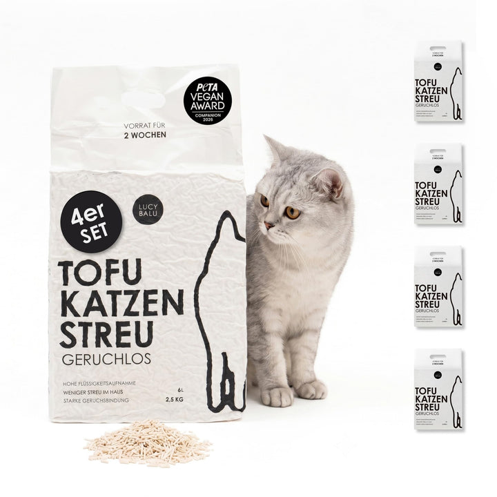 LucyBalu® TOFU Katzenstreu | Klumpendes Katzen Streu | Geruchsbindend und nachhaltig | 4er Set | 24
