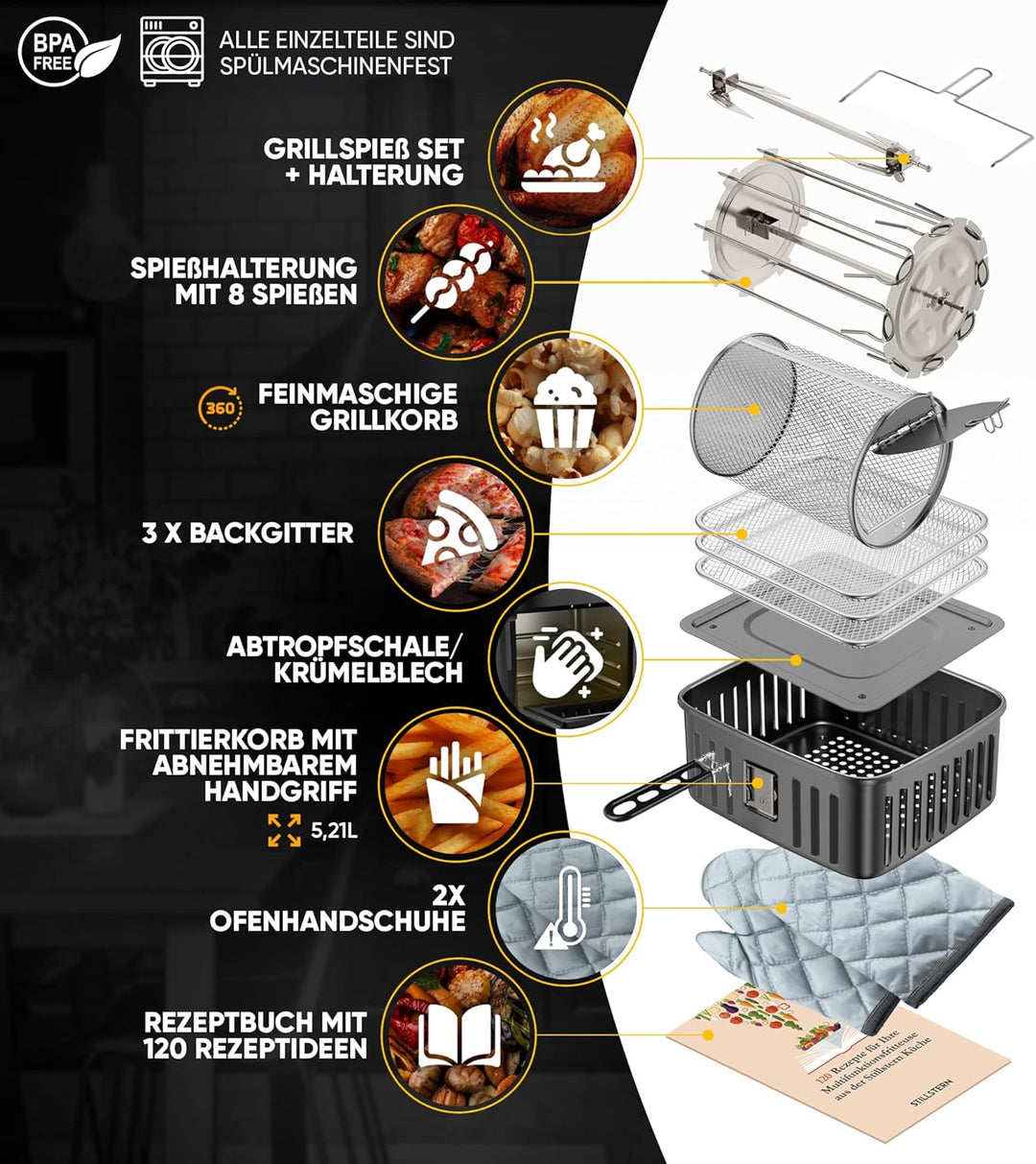 Stillstern Heissluftfritteuse 12L mit LED-Touchscreen, 120 Rezepte auf Deutsch, 12 Programme, Vorhei