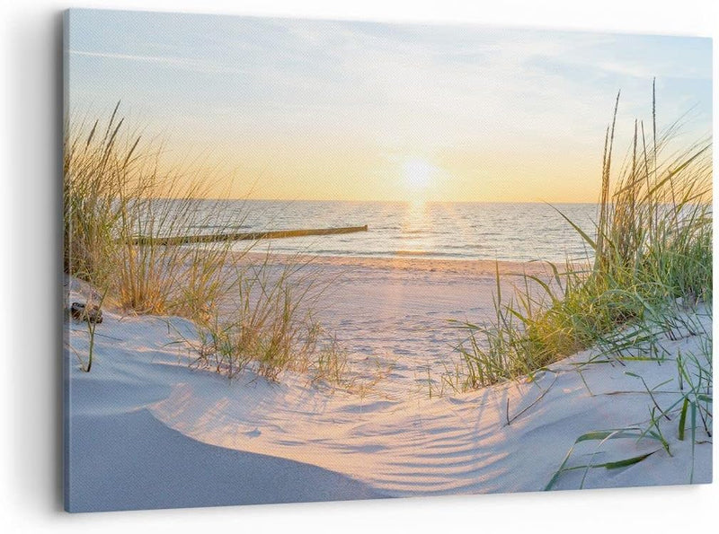 Bilder auf Leinwand 100x70cm Leinwandbild mit Rahmen Düne Strand Meer Gross Wanddeko Bild Schlafzimm