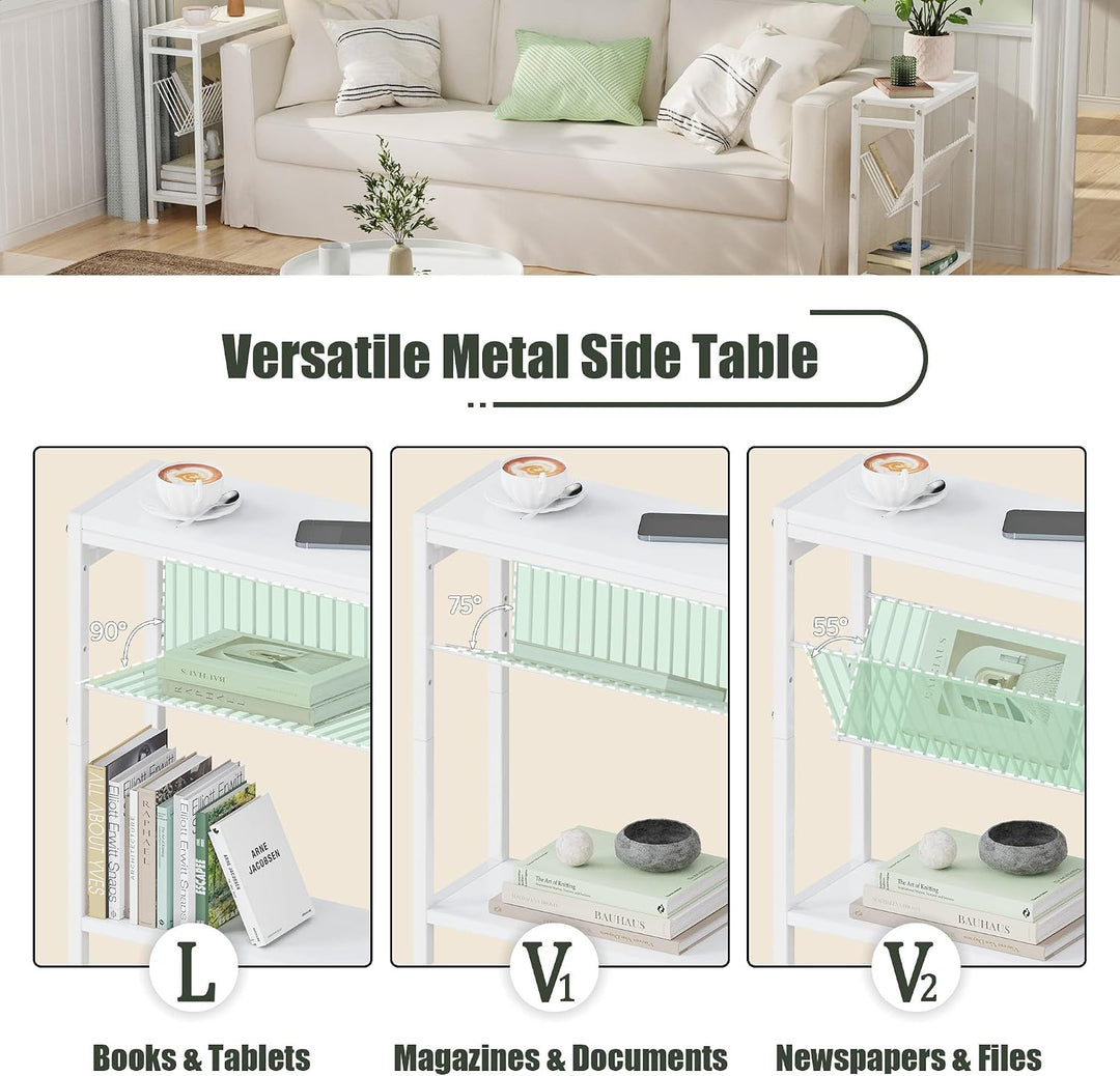 Schmaler Beistelltisch, 3 Ablagen Nachttisch Schmal mit Zeitschriftenhalter, Sofa beistelltisch, Cou