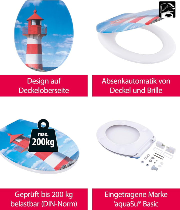 'aquaSu® Basic, WC-Sitz mit Motiv, Duroplast Toilettendeckel mit Absenkautomatik, Belastbar bis 200